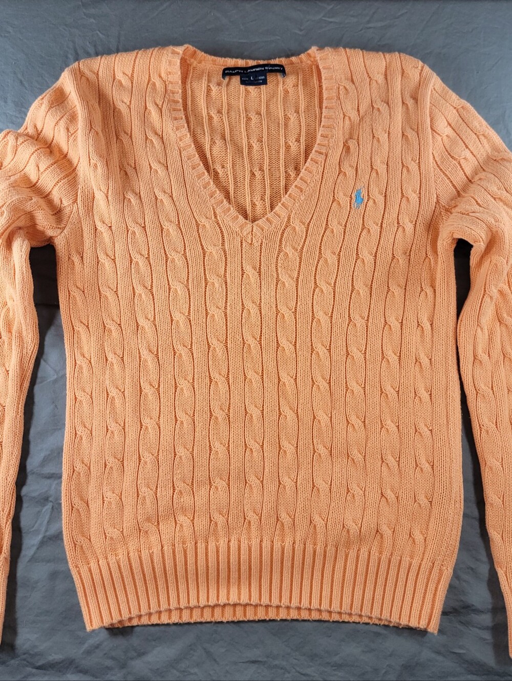 Ralph Lauren Sport Women's Large Cable-Knit Cotton V-Neck Sweater, Orange